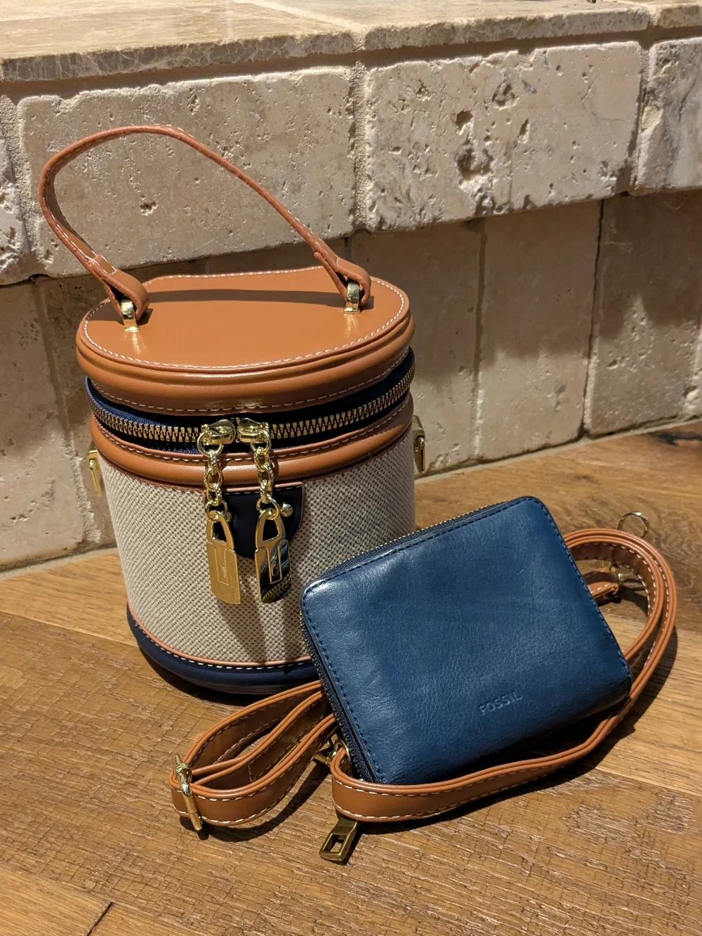 Navy & Tan Trimmed Canvas Barrel Bag with Fossil Navy Wallet - Picture 1 of 10